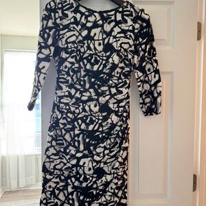 Elegant Black and White and Blue Sheath Dress with 3/4 Sleeves